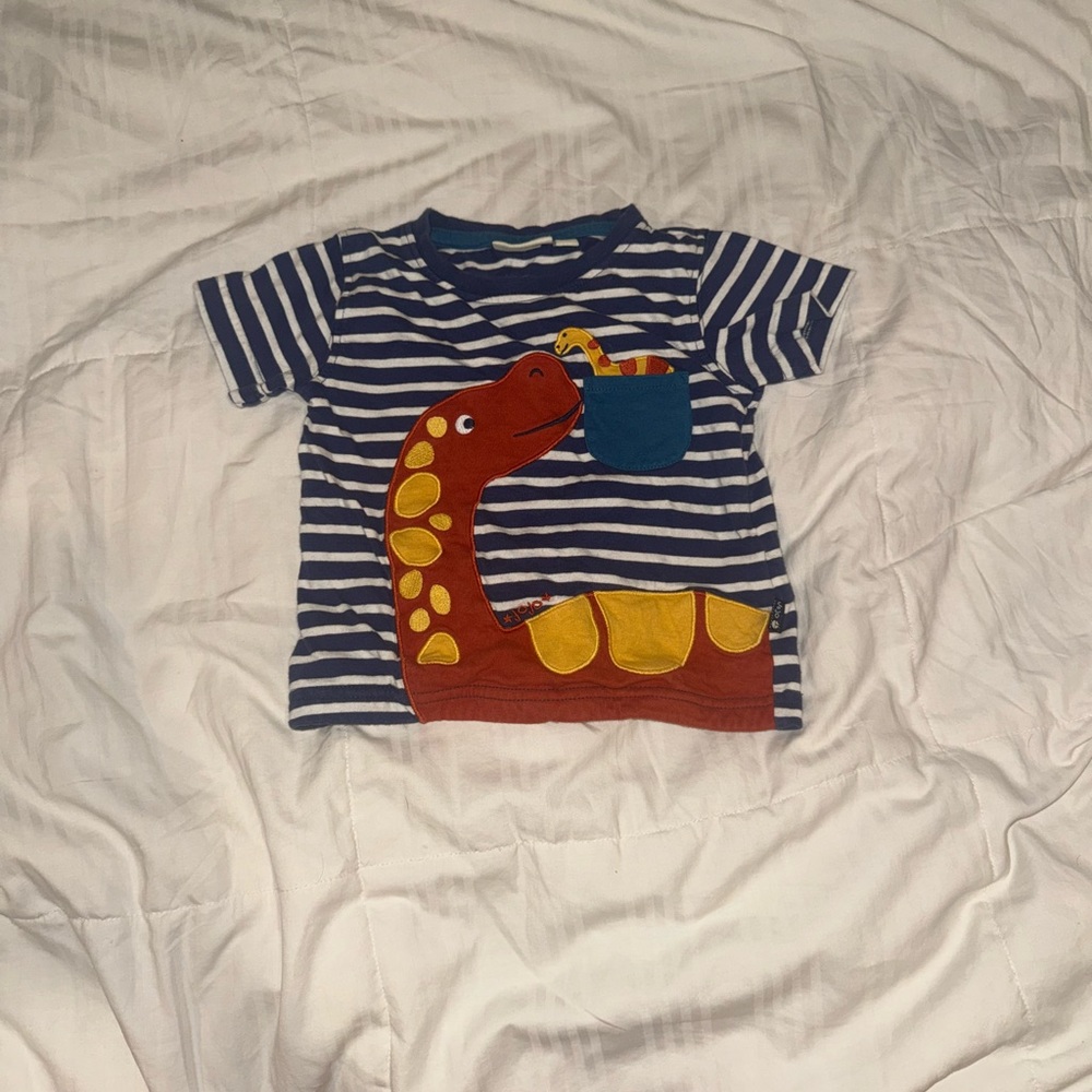 JoJo Maman Bebe Blue and White Nautical Tee with Dinosaur Appliqué